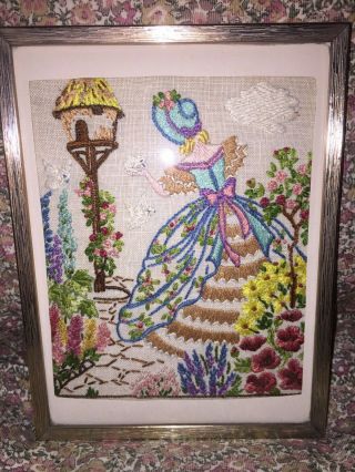 Vintage Hand Embroidered Crinoline Lady Picture In Vintage Frame 8in X 6in