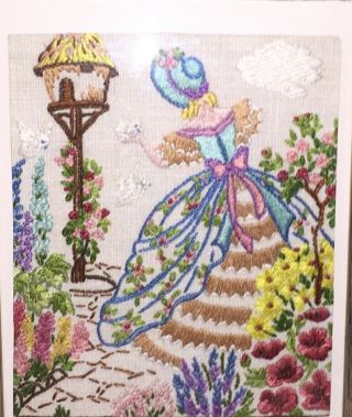 Vintage Hand Embroidered Crinoline Lady Picture in Vintage Frame 8in x 6in 2