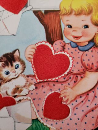 6 " Vtg Valentine Greeting Card Diecut Cute Kitten Girl Glitter Hearts Mailbox 50s