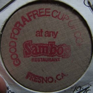 Sambos Restaurants Laguna Seca Fresno,  Ca Wooden Nickel Token - California