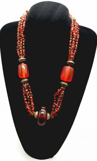 Cherry Amber Resin Ethnic Tribal Silver Tone Bead Multistranded Vintage Necklace