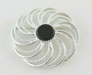 Sarah Coventry Black Glass Pinwheel Flower Brooch 2 3/4 " Silver Tone Vintage Euc