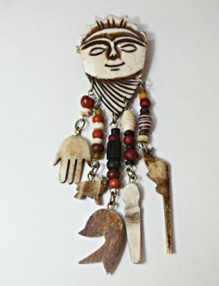Vtg Hippie Boho Pin Brooch Charms Carved Bovine Bone Glass & Wooden Beads Tribal