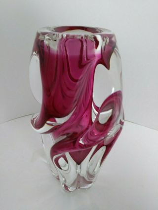 Chribska Glassworks Vintage Bohemian Clear Cranberry Art Glass Swirl Vase 6.  5 " H