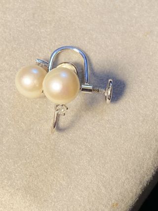 Vintage 14K White Gold 6.  5mm White Cultured Pearl & Diamond Screw Back Earrings 2