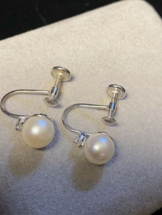 Vintage 14K White Gold 6.  5mm White Cultured Pearl & Diamond Screw Back Earrings 3