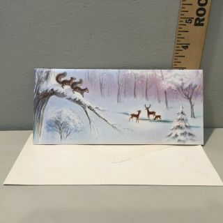 Vtg Christmas Card Forest Winter Snow Scene Deer Squirrels W/envelope