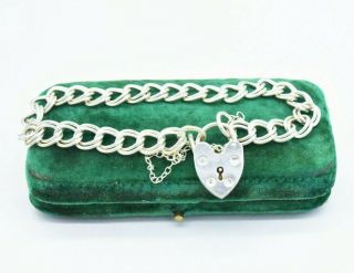 Vintage Sterling Silver Bracelet 7 Inch Curb Chain Heart Lock Art Deco N833