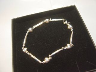Vintage Solid Silver Unusual Flat Link & Heart Bracelet - Lovley 7.  5 " Best Quality