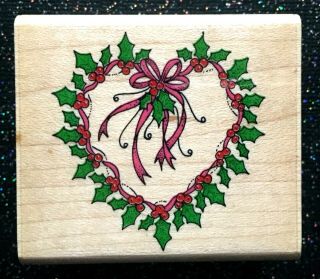 Vintage Rubber Stamp " Christmas Holly Berry Heart Wreath " By Hero Arts 1 3/4 X 2