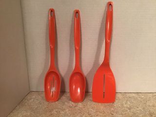 Vintage 1970’s Set Of 3 Foley Orange Plastic Utensils,  Spatula,  Spoons, .