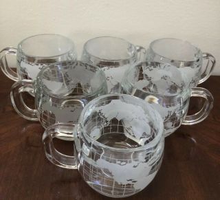 Vintage Nestle Co.  Set Of 6 Glass World Globe Etched Cups Euc