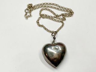Vintage Solid Sterling Silver Puffer 3d Love Heart Ladies Pendant & Necklace