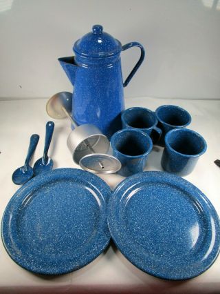 Vintage Blue Speckled Enamel Set Coffee Pot With Cups Plates And Spoons Camping