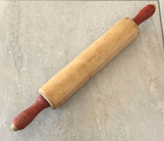 Vintage Wooden Rolling Pin - Red Painted Handles: Primitive Wood 17”