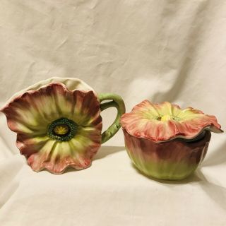 Vintage Fitz & Floyd Pink Poppy Flower Creamer Pitcher And Sugar Bowl With Lid