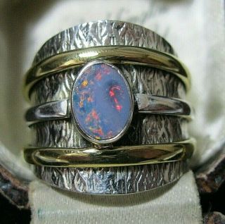 Vintage Style Modernist Sterling Silver Gold Doublet Fire Opal Ring Size S 9