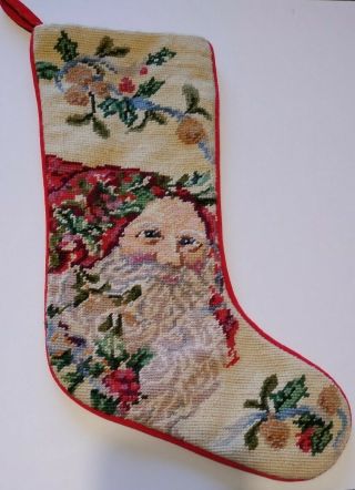 Vintage Wool Needlepoint Christmas Stocking Old World Santa 18” Long