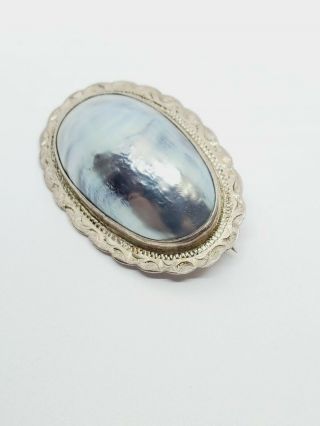 Vintage Sterling Silver Blue Gray Pearl Mother Of Pearl Brooch Pin