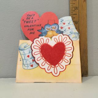 Vtg Valentine Card Pair Bluebirds Red Flocked Heart " A Tweet Valentine "