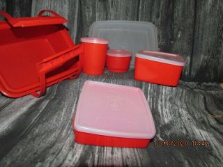 Vintage Tupperware Red Pak N Carry Lunch Box w/ Accessories 2