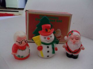 Vtg Plastic Christmas Condiment Set J,  S.  N.  Y.  Hong Kong Snowman Santa Mrs Claus