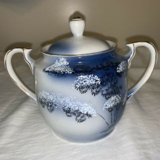 Vintage Kutani Japan Blue & White Double Handled Sugar Bowl With Lid