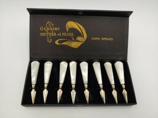 Set Of 8 Vintage Mother Of Pearl Corn Spears,  Box