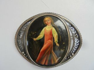 Vintage Large Hand Painted Russian Brooch Silver Frame