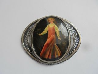 Vintage Large Hand painted Russian Brooch Silver Frame 2