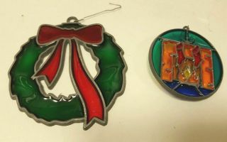Vintage Stained Glass Sun Catcher Christmas Ornaments Wreath And Fireplace