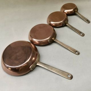 Vintage French Set Of 4 Kitchen Small Copper Pans,  Retro Cooking Metalware