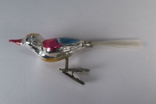 Vintage Clip - On Mercury Glass Bird Christmas Tree Ornament Spun Glass Tail