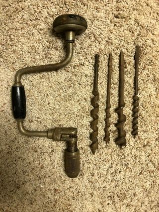 Vintage Hand Drill Auger Bit Brace Stanley No.  945 10 Inch Includes 4 Drill Bits
