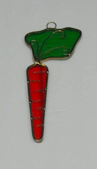 Vintage Stain Glass Lead Sun Catcher Green Leaf Carrot