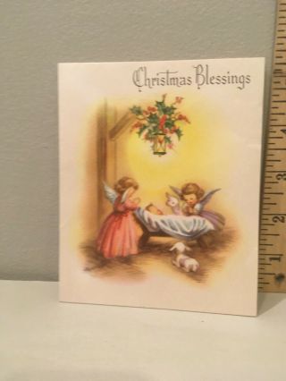 Vtg Christmas Card Little Girl Angels Baby Jesus Manger Lambs Holly Sangamon