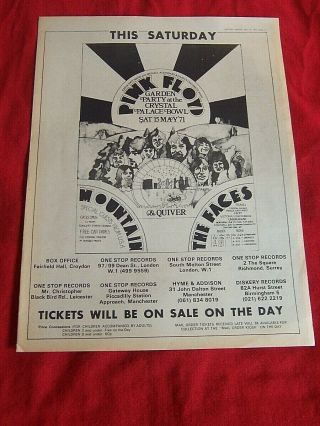 Pink Floyd 1971 Vintage Concert Poster Advert Crystal Palace Bowl