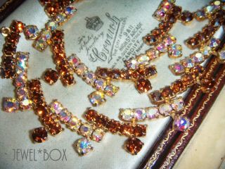 Vintage Topaz Crystal Aurora Borealis Rhinestone Drops Necklace Fabulous Gift