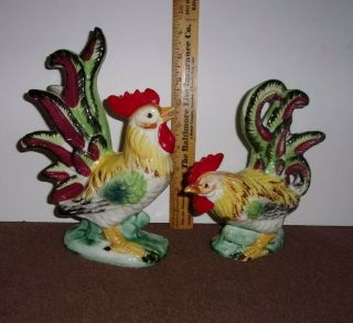Vintage Pair Antique Ceramic Porcelain Rooster Hen Chicken Figurines Japan
