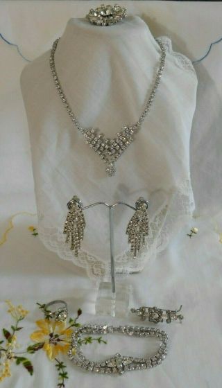 Vintage Clear Glass Rhinestone Set Of 6 Necklace,  Earrings,  Bracelet,  Ring,  Pin