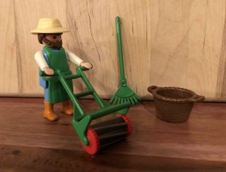 Playmobil Vintage 1992 Gardener Landscaper w/ Lawn Mower Rake Basket 3752 2