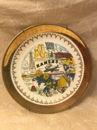Vintage Souvenir Plate State Of Kansas Gold Rim Approx 9 1/4 " Wichita Dodge City