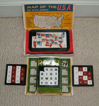 4 Vintage Slide Puzzles: 2 Numbers White Red 15 Puzzle,  Map Of Usa Puzzle & Word