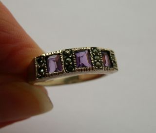 Gorgeous Vintage Sterling Silver Amethyst & Marcasite Ring - Sz N / O - Vgc
