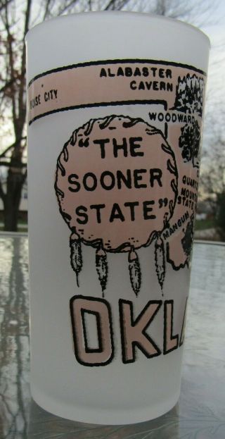 Vintage 4 3/4 " Frosted Souvenir Drinking Glass Oklahoma The Sooner State Shawnee