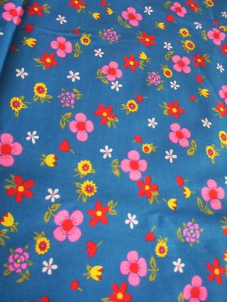 Vintage Cotton Fabric Pink Flowers On Blue 2 Yds,  22 " X 44 " Wide