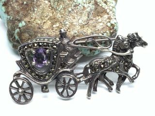 Vintage Art Deco Sterling Silver Marcasites Amethyst Horse Carriage Brooch Pin