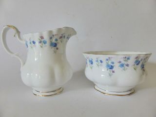 Royal Albert " Memory Lane " Sugar Bowl & Creamer,  Vintage Blue Floral Bone China