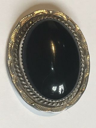 Vintage Sterling Silver Brooch Set With A Large Black Stone