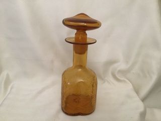Vintage Amber Crackle Glass Decanter Mushroom Stopper 10” Tall